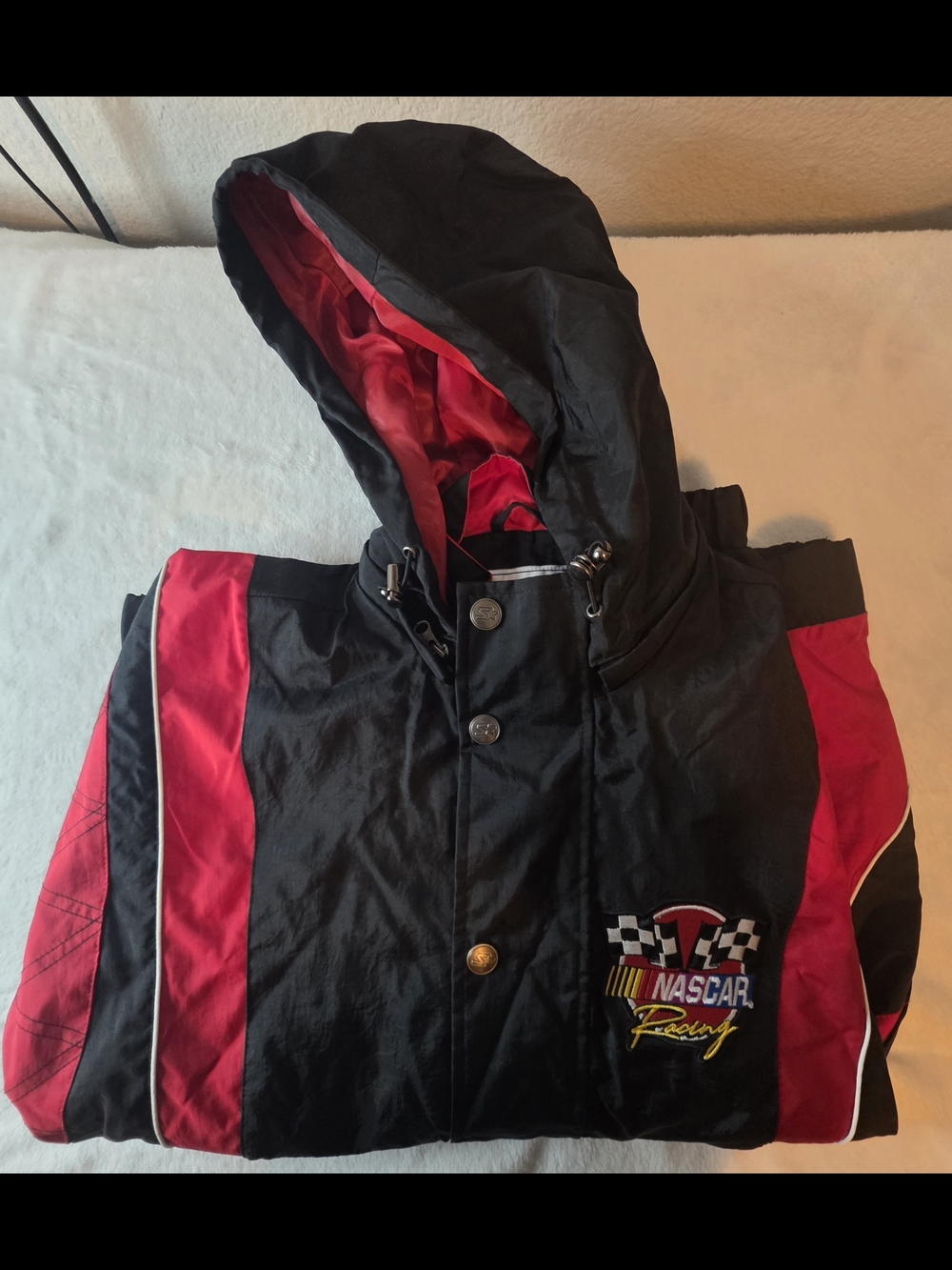 Vintage NASCAR Racing Starter Jacket Black Red Pullover Hooded Small